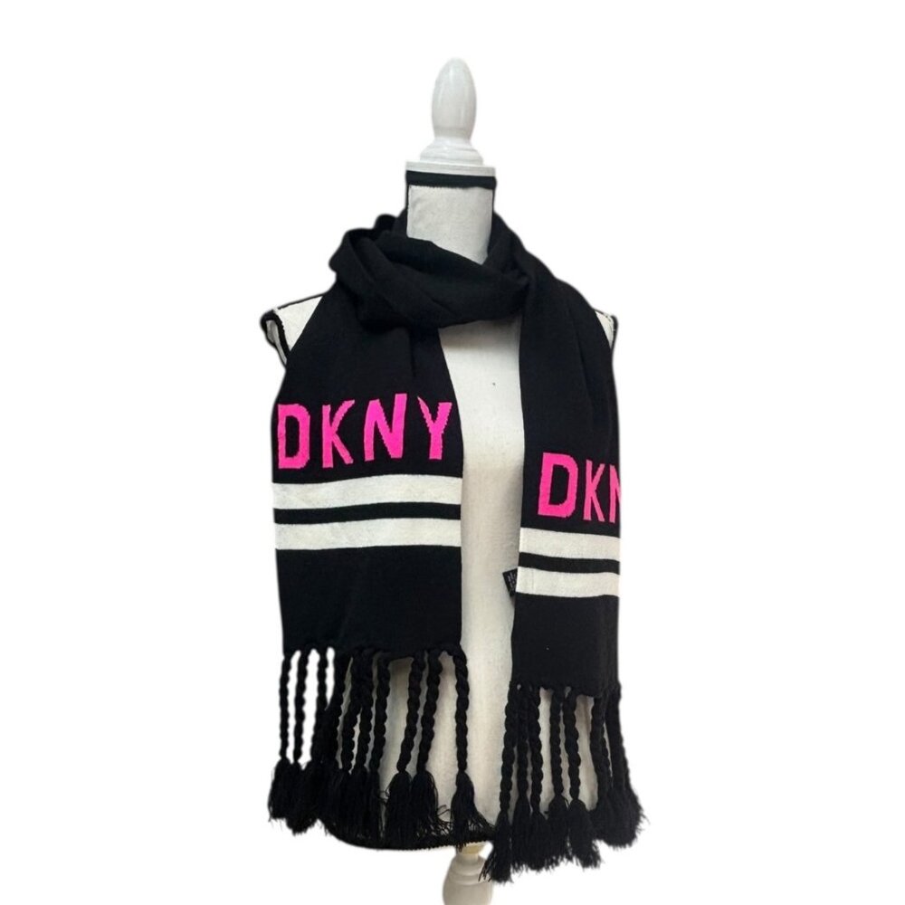 DKNY Logo Stadium Scarf With Tassel Fringe, Neon Pink, 8-1/2" x 73"